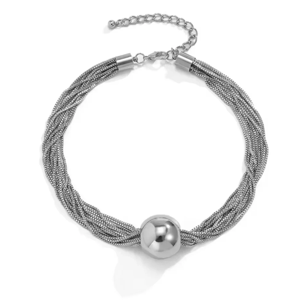NEW SILVER STATEMENT MULTISTRAND SNAKE CHAIN NECKLACE BALL SPHERE CHOKER PENDANT - Picture 2 of 4